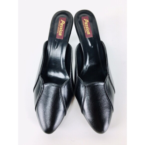 Vintage 90s PASSION Black Leather Scalloped Heels Mules Size 7/7.5 NEW - Picture 6 of 11